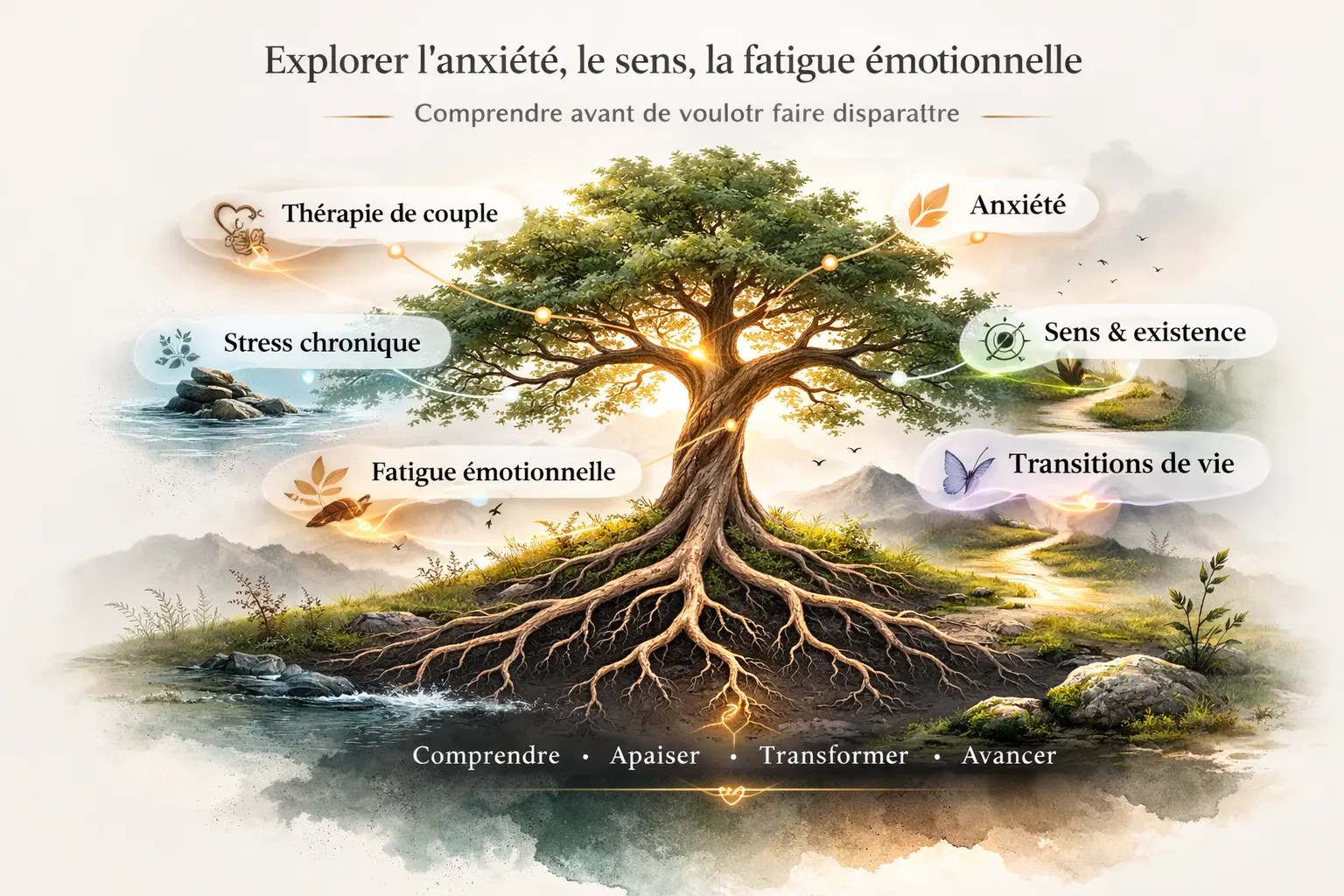 Arbre des ressources thérapeutiques : Thérapie de couple, Anxiété, Fatigue émotionnelle et Stress à Paris 15